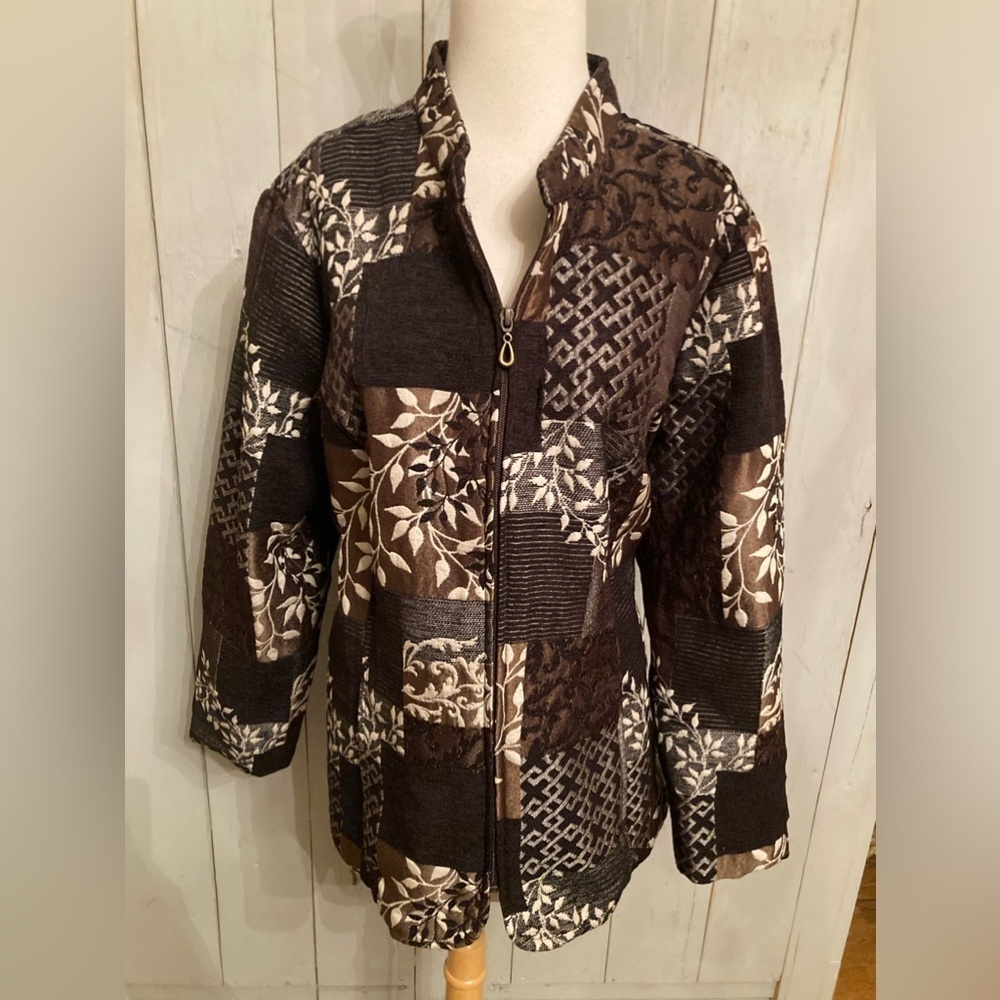 CJ Banks Patchwork Mixed Print Full Zip Jacquard Jacket Brown & Cream Sz 2X‎ New